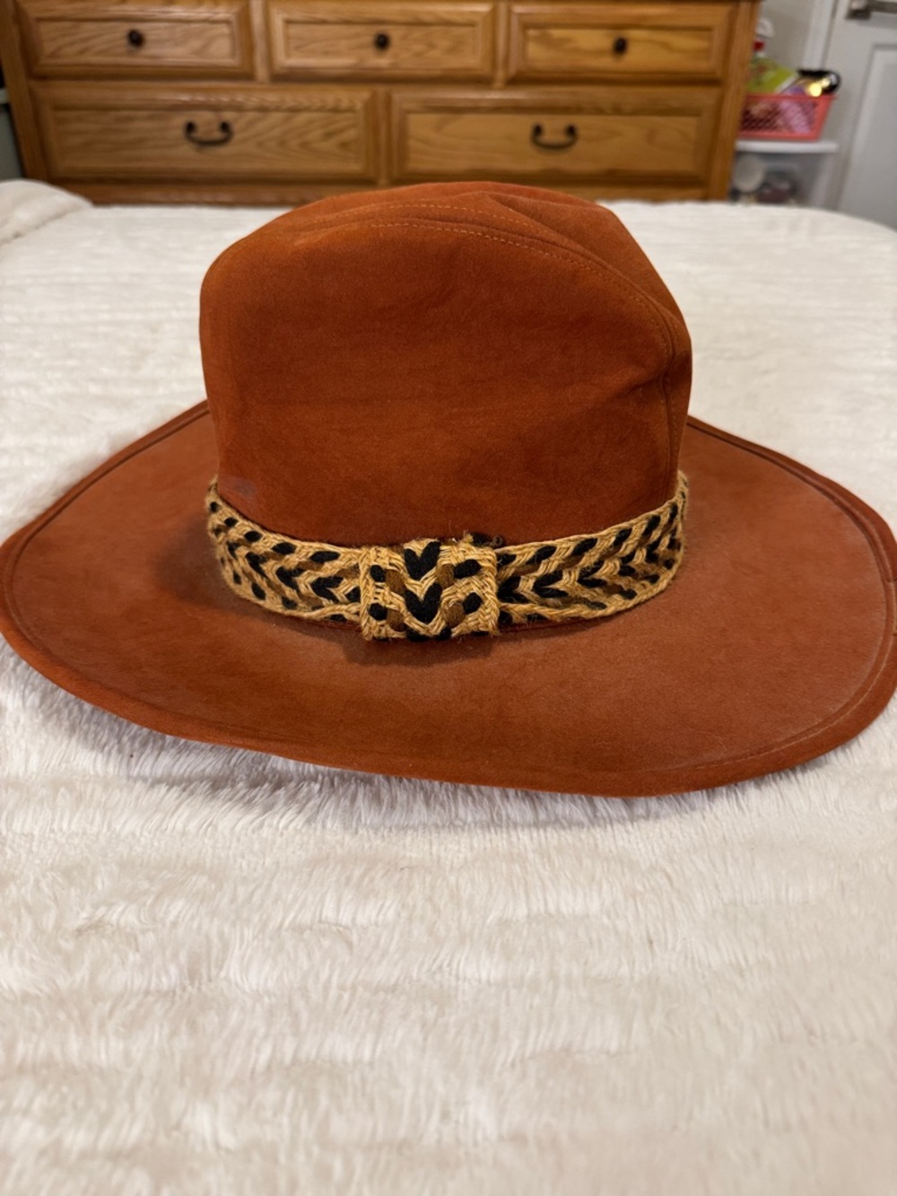 Rust Suede Wide-Brim Fedora with Braided Jute Band